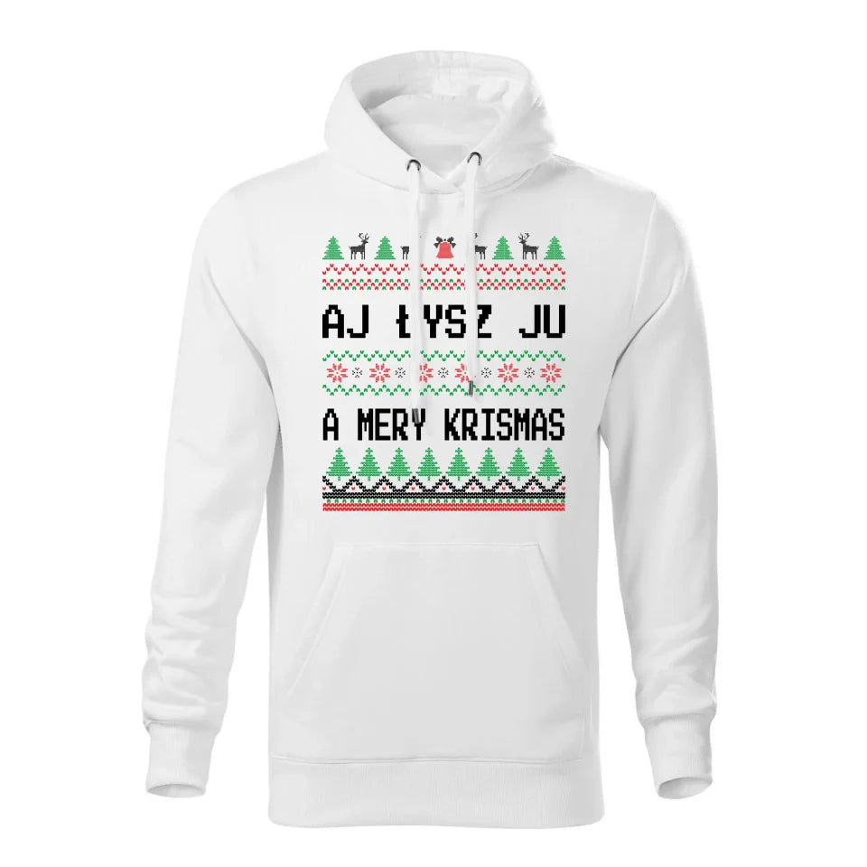 Świąteczna bluza męska z kapturem biała na prezent personalizacja hoodie Święta Boże Narodzenie Mikołajki