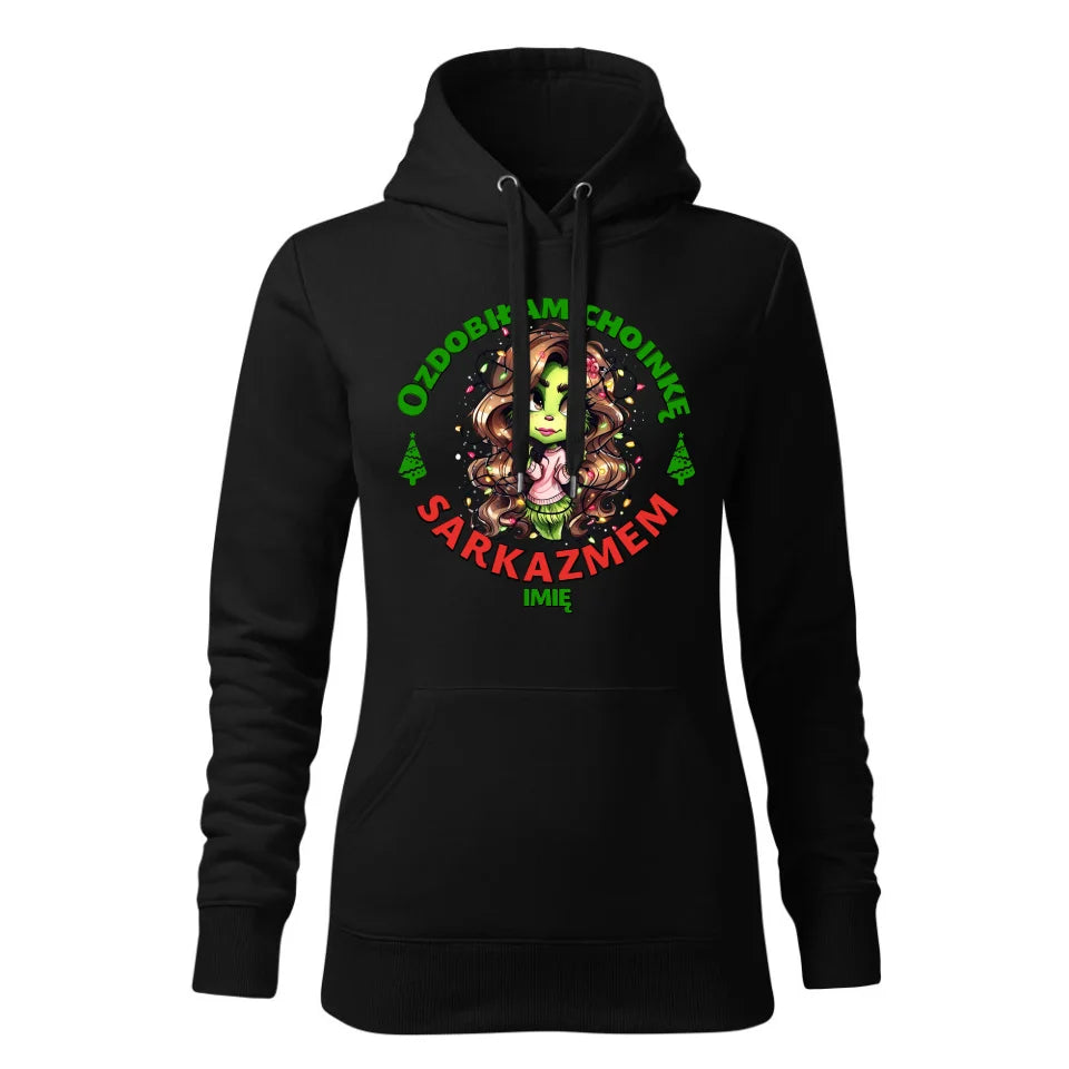 Świąteczna bluza damska z kapturem czarna na prezent personalizacja hoodie Święta Boże Narodzenie Mikołajki