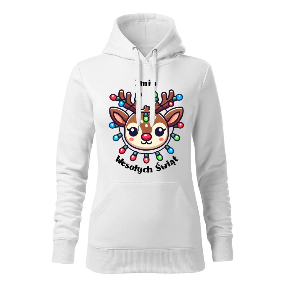 Świąteczna bluza damska z kapturem biała na prezent personalizacja hoodie Święta Boże Narodzenie Mikołajki