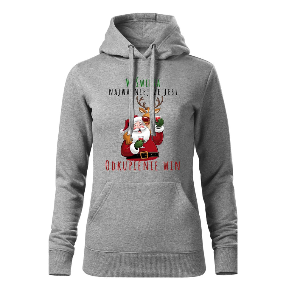 Świąteczna bluza damska z kapturem szara na prezent personalizacja hoodie Święta Boże Narodzenie Mikołajki