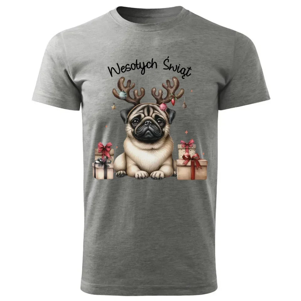 Mops Wesołych Świąt | Świąteczna koszulka męska BN91 - StoryCups.pl