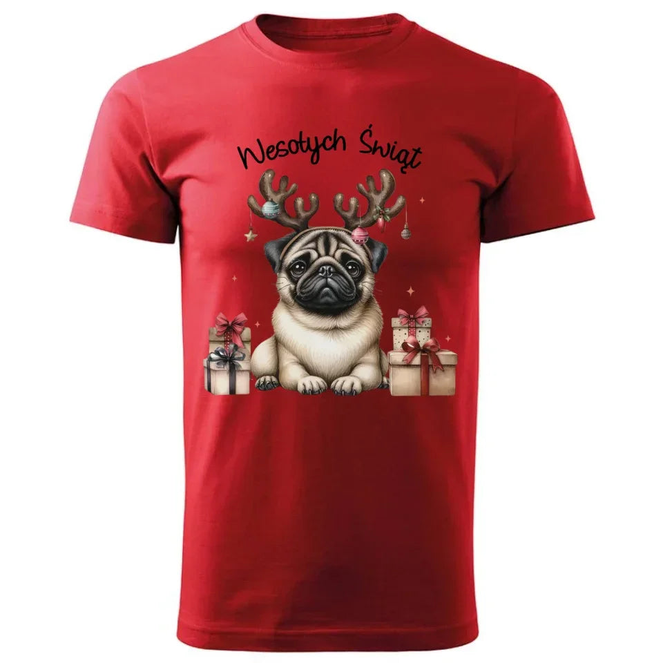 Mops Wesołych Świąt | Świąteczna koszulka męska BN91 - StoryCups.pl