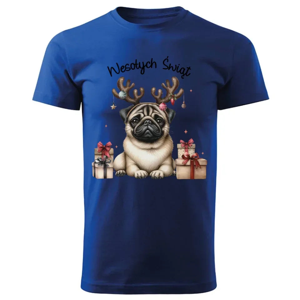 Mops Wesołych Świąt | Świąteczna koszulka męska BN91 - StoryCups.pl