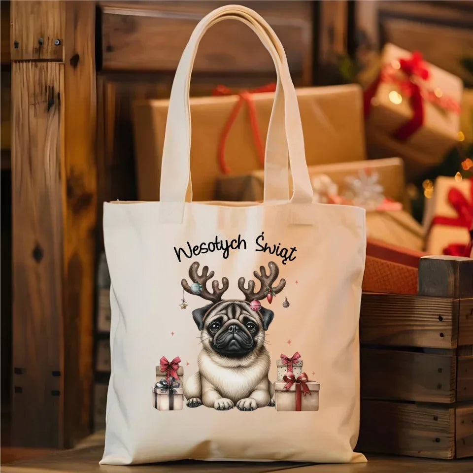 Mops Wesołych Świąt | Świąteczna torba BN91 - StoryCups.pl