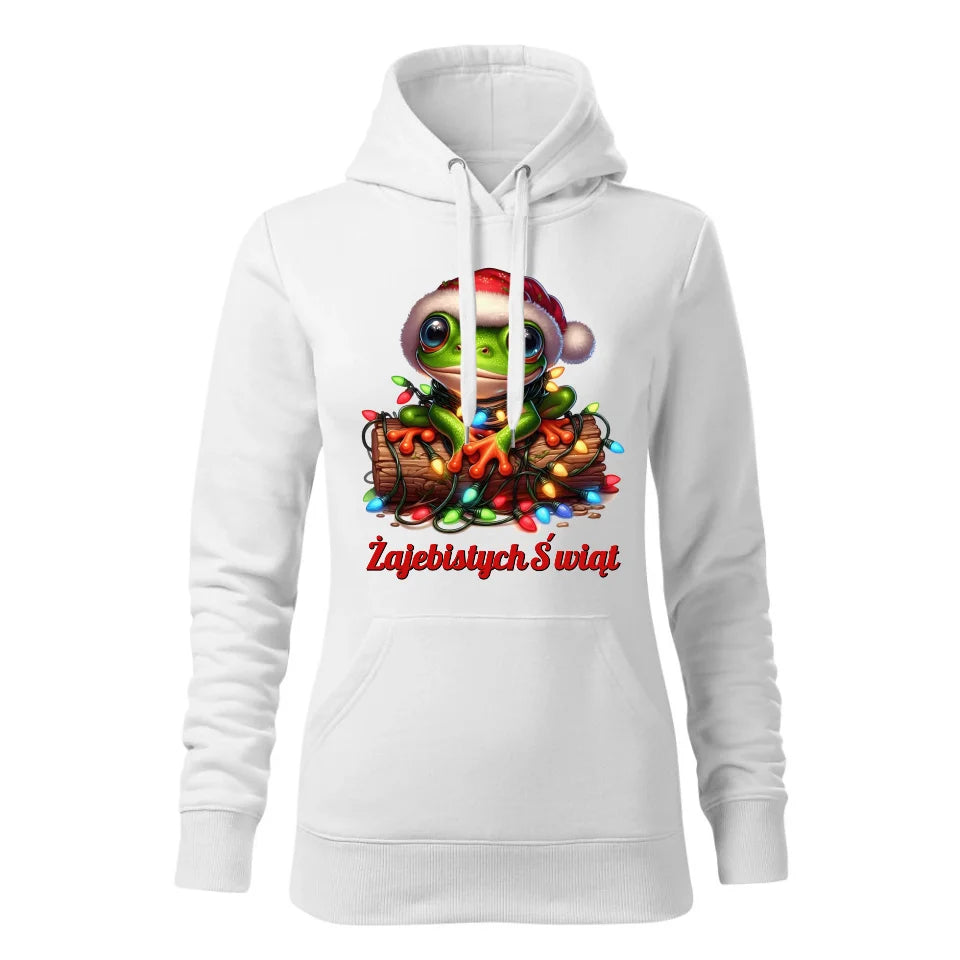 Świąteczna bluza damska z kapturem biała na prezent personalizacja hoodie Święta Boże Narodzenie Mikołajki