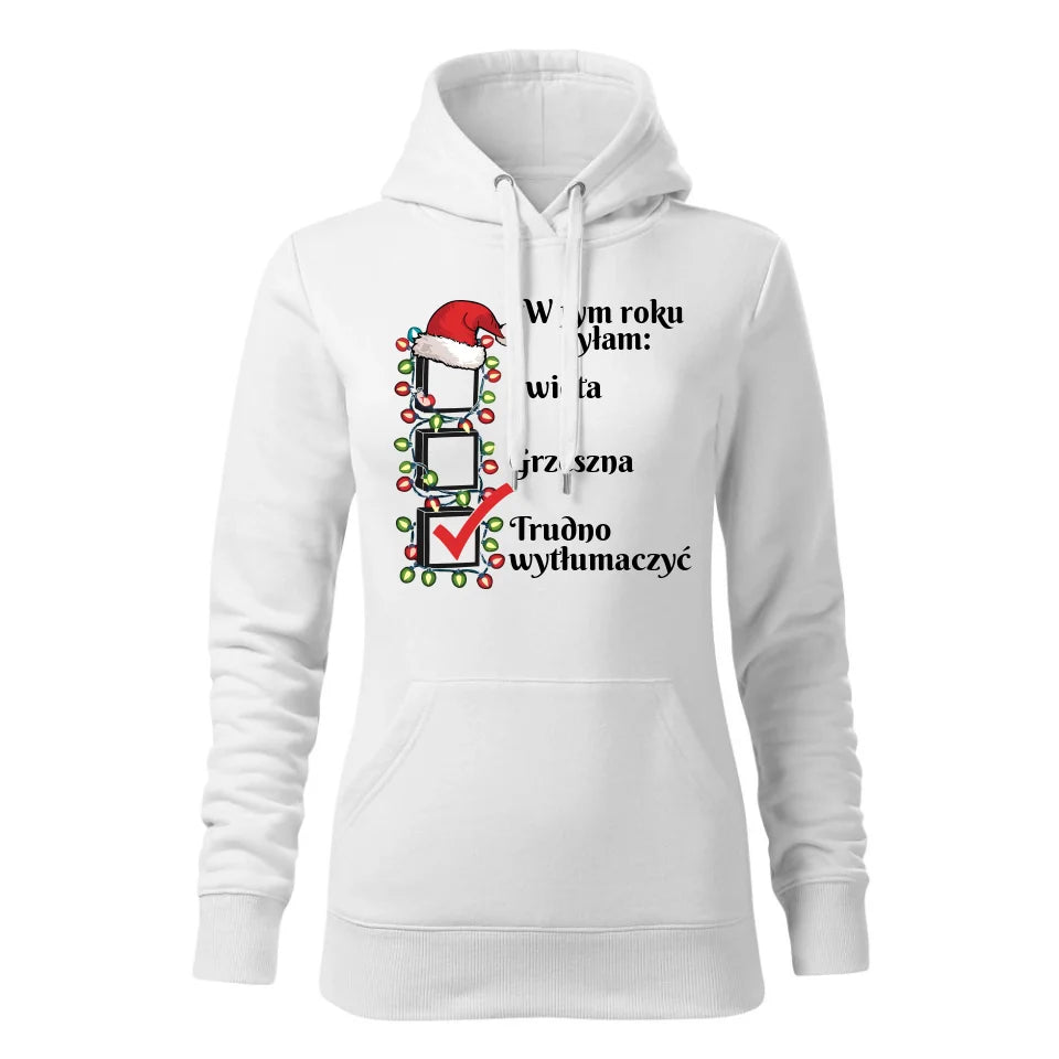 Świąteczna bluza damska z kapturem biała na prezent personalizacja hoodie Święta Boże Narodzenie Mikołajki