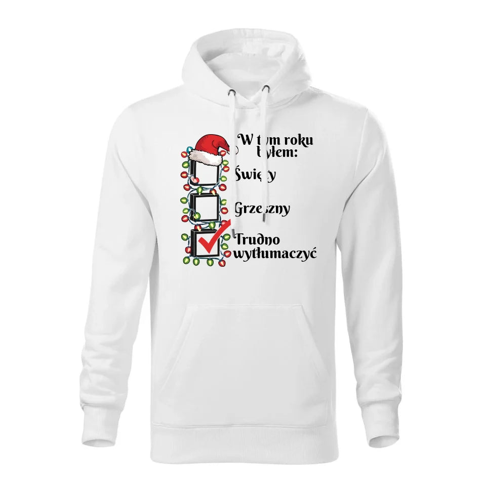 Świąteczna bluza męska z kapturem biała na prezent personalizacja hoodie Święta Boże Narodzenie Mikołajki