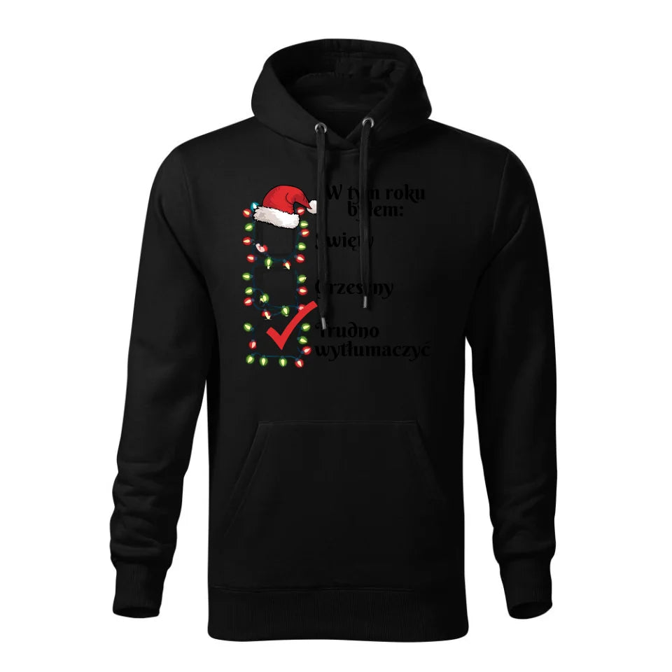 Świąteczna bluza męska z kapturem czarna na prezent personalizacja hoodie Święta Boże Narodzenie Mikołajki