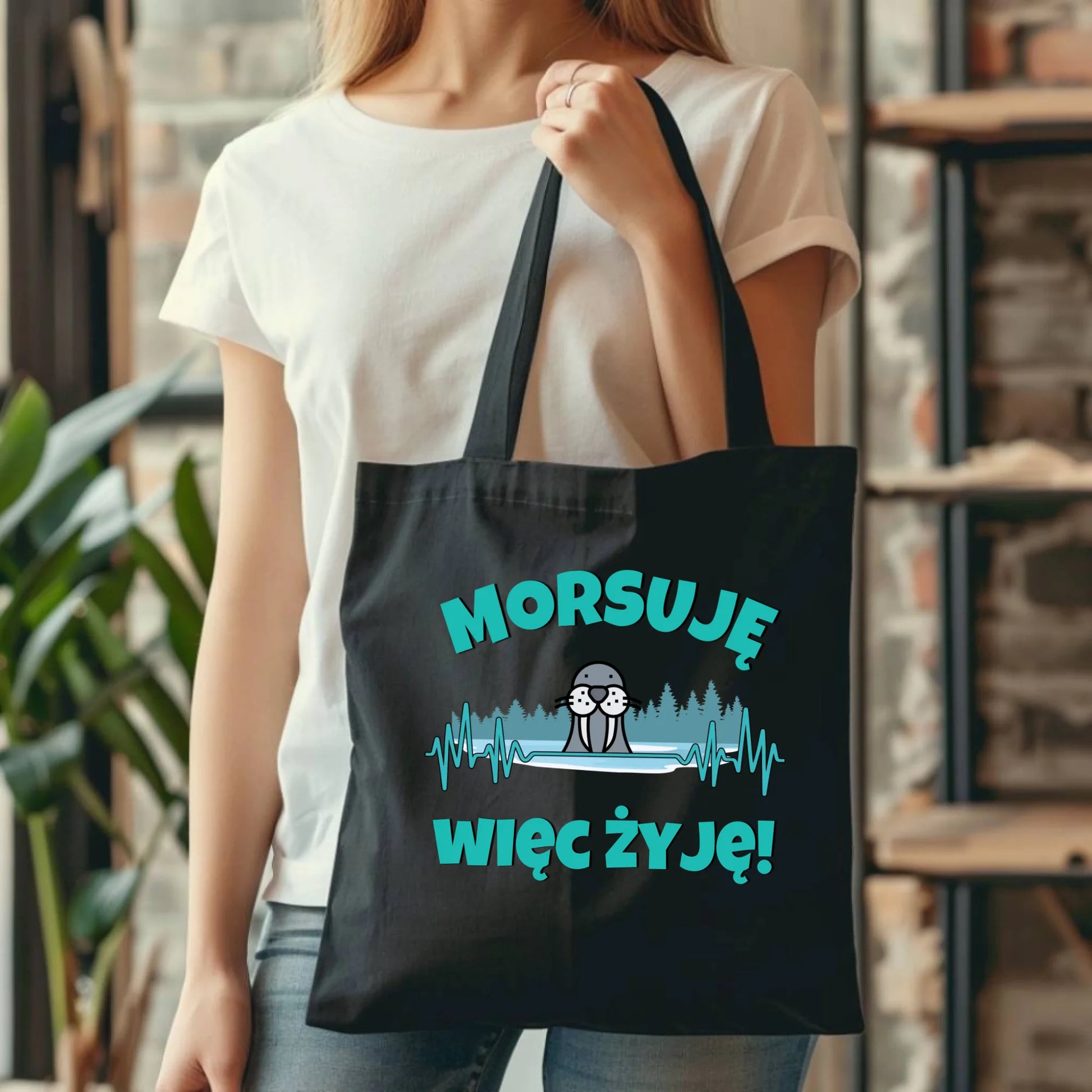 Czarna torba z nadrukiem dla morsa, mors, morsowanie