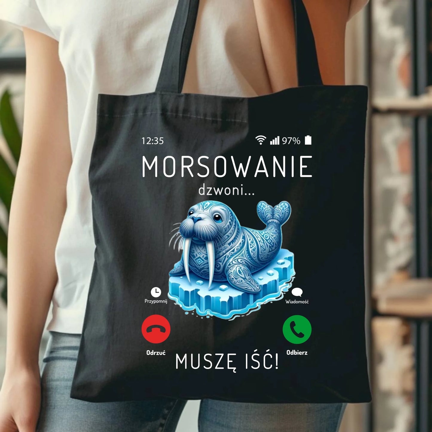 Czarna torba z nadrukiem dla morsa, mors, morsowanie