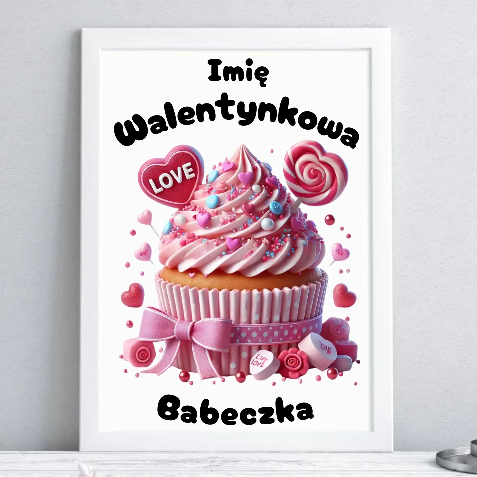 Walentynkowa babeczka imię | Plakat w ramie na Walentynki W21 - StoryCups.pl