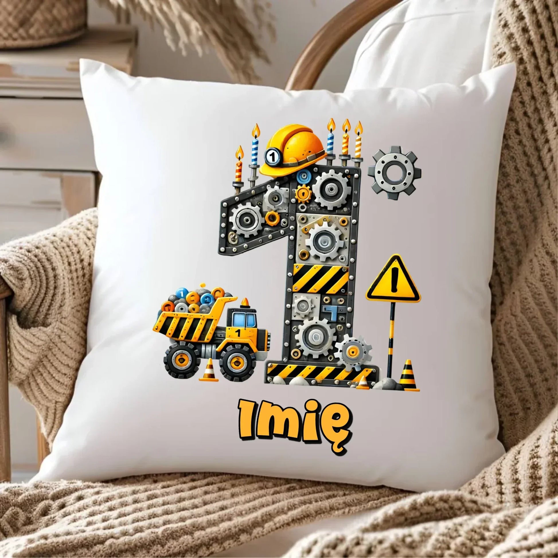 Koparka, konstrukcja | Poduszka na 1. urodziny dla chłopca roczek U35 - StoryCups.pl