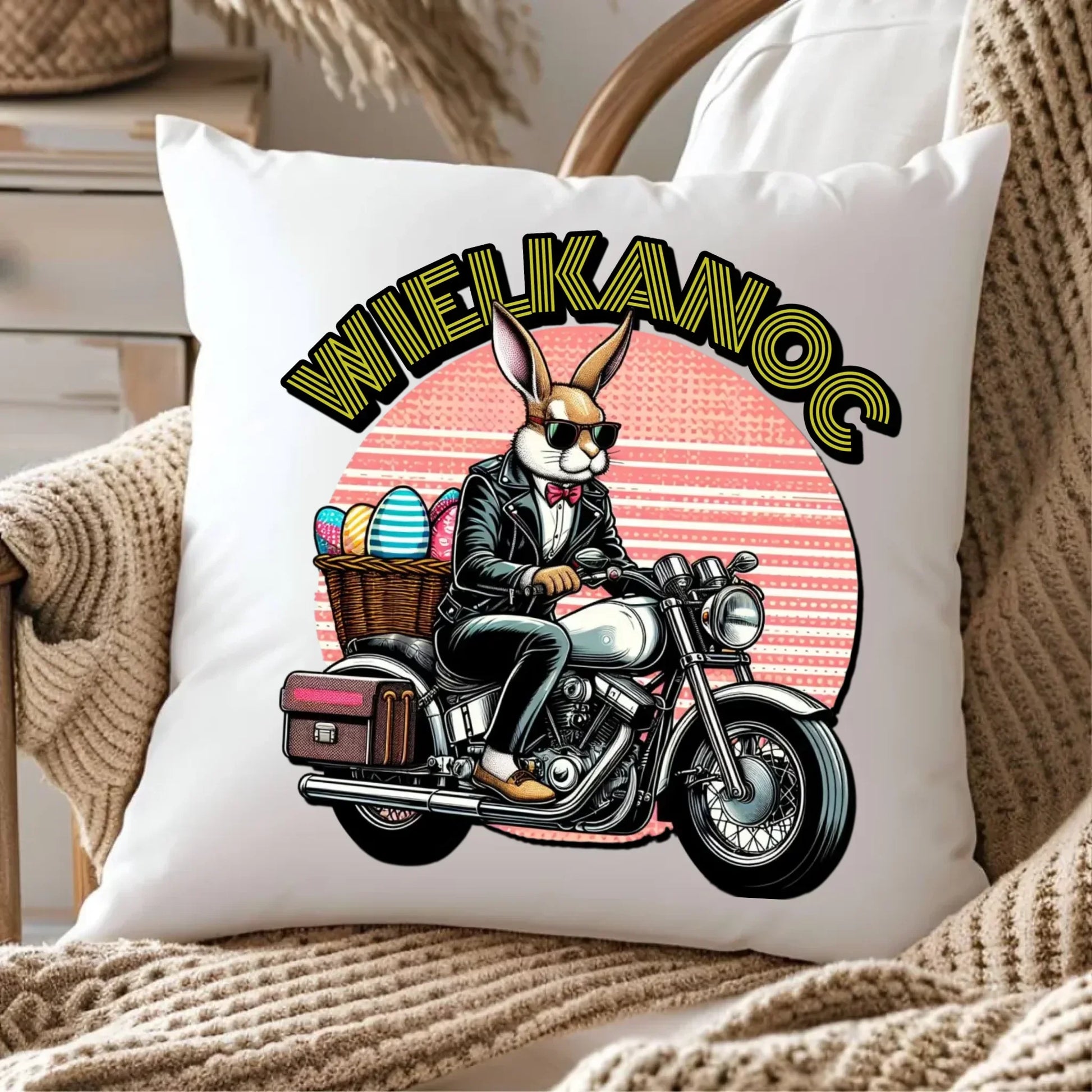 Zając na motorze | Poduszka Wielkanocna WN29 - StoryCups.pl