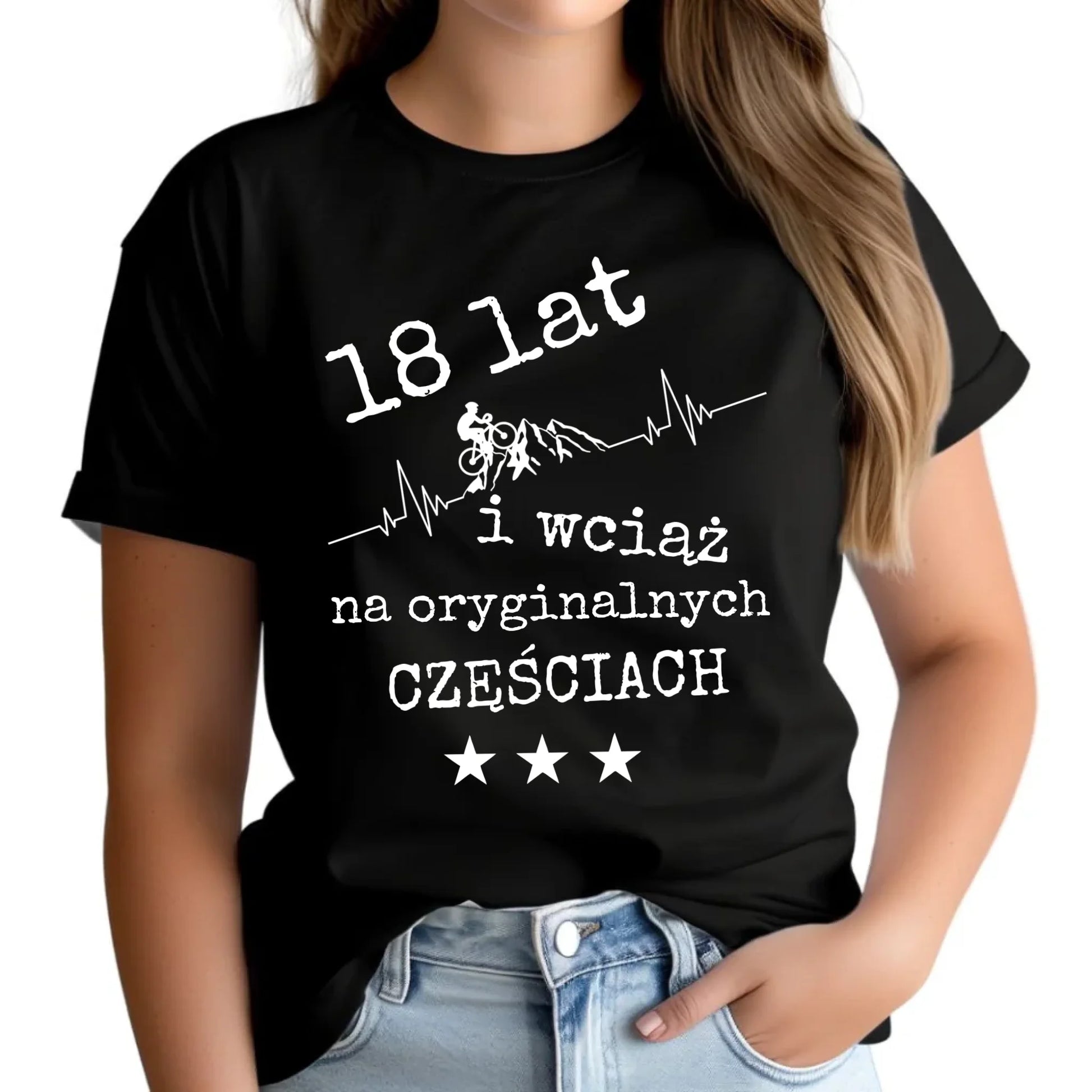 Wciąż na oryginalnych częściach | Koszulka damska na urodziny dla rowerzystki U28 - StoryCups.pl