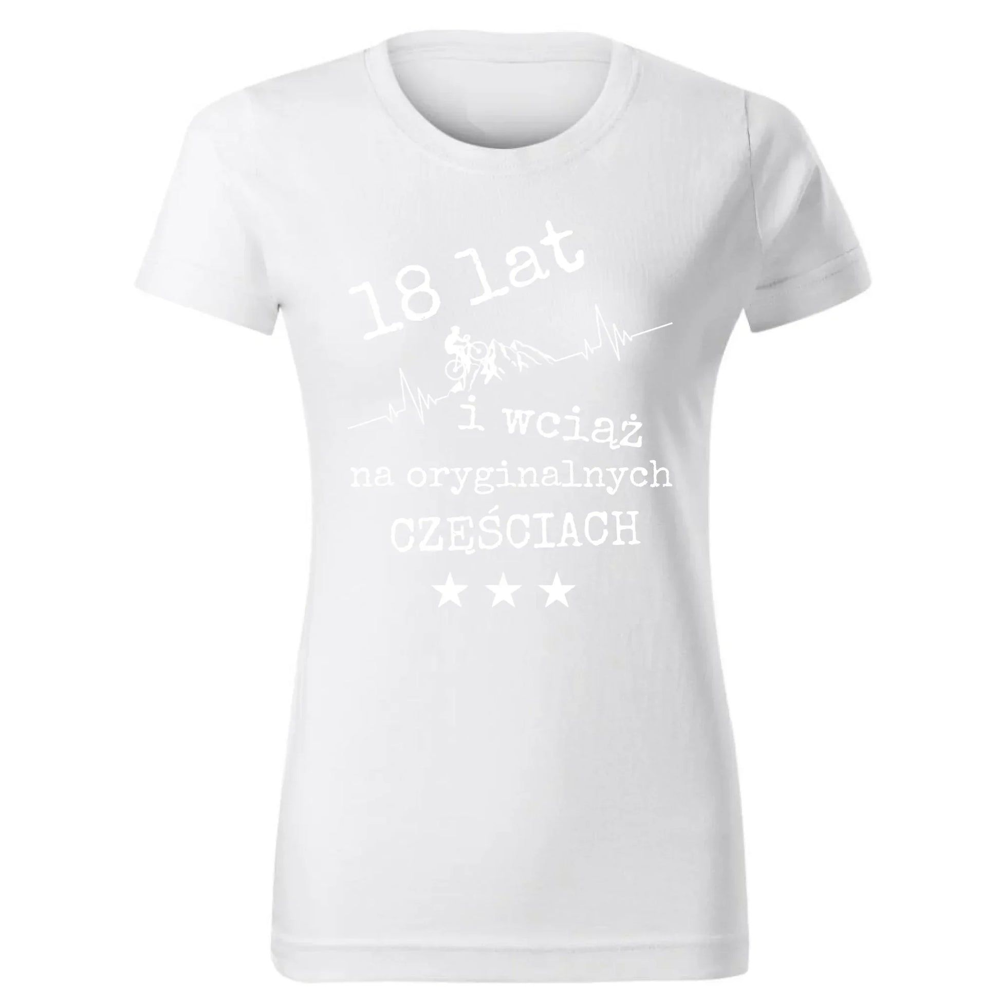 Wciąż na oryginalnych częściach | Koszulka damska na urodziny dla rowerzystki U28 - StoryCups.pl