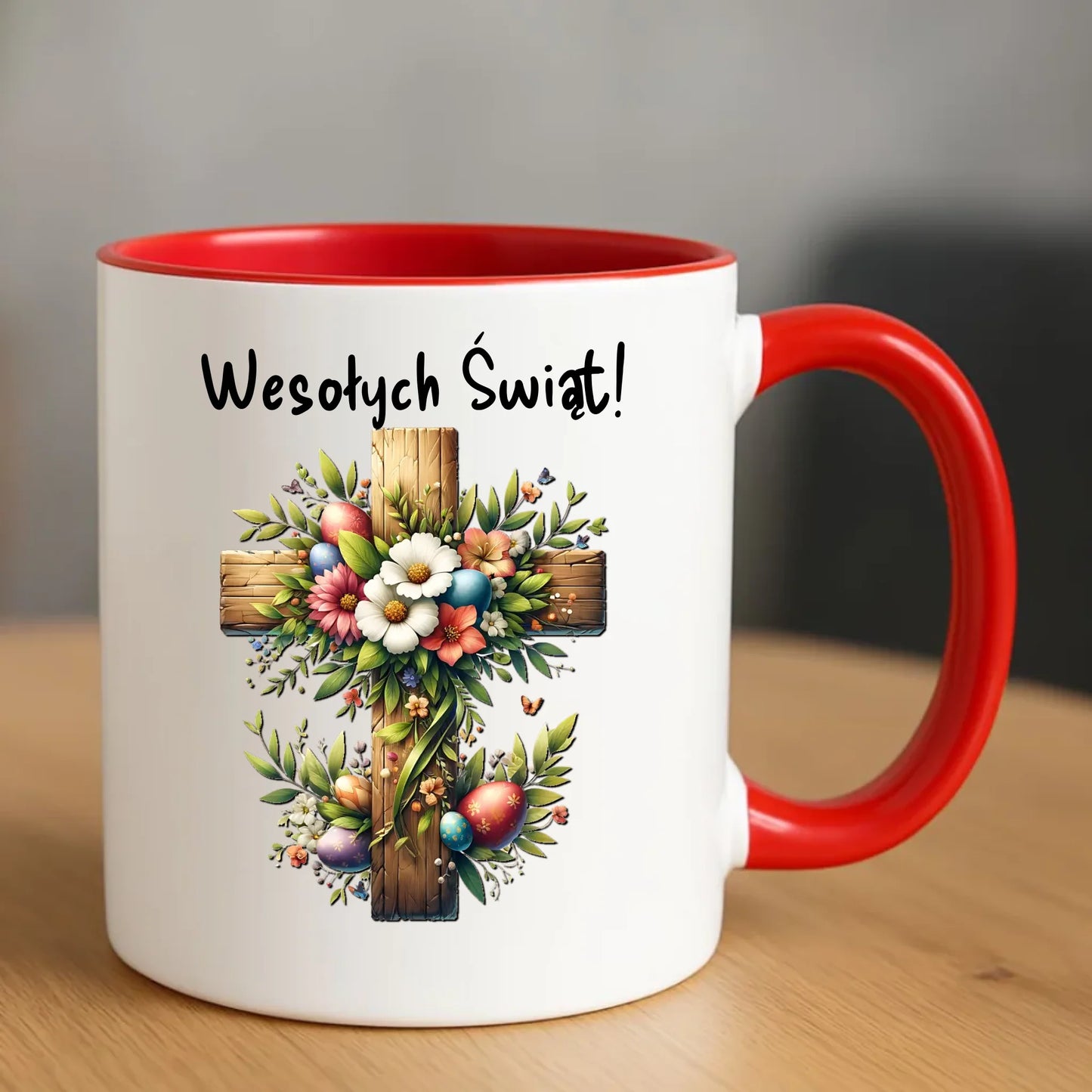 Czerwony kubek wielkanocny prezent na WIELKANOC