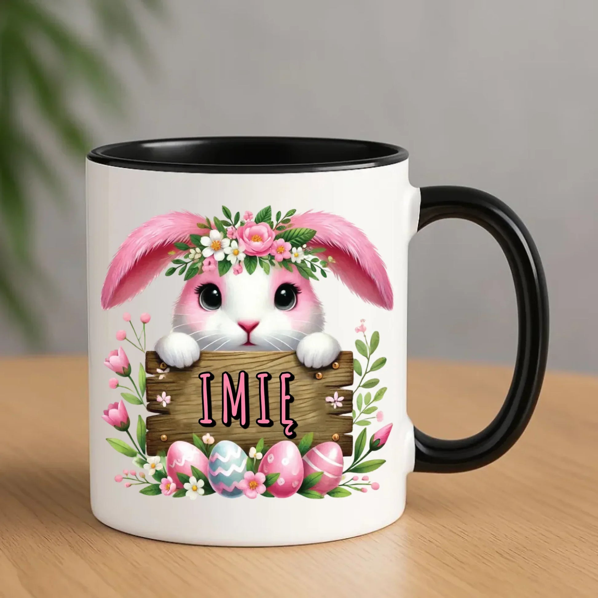 Różowy zając | Personalizowany kubek na Wielkanoc WN07 - StoryCups.pl