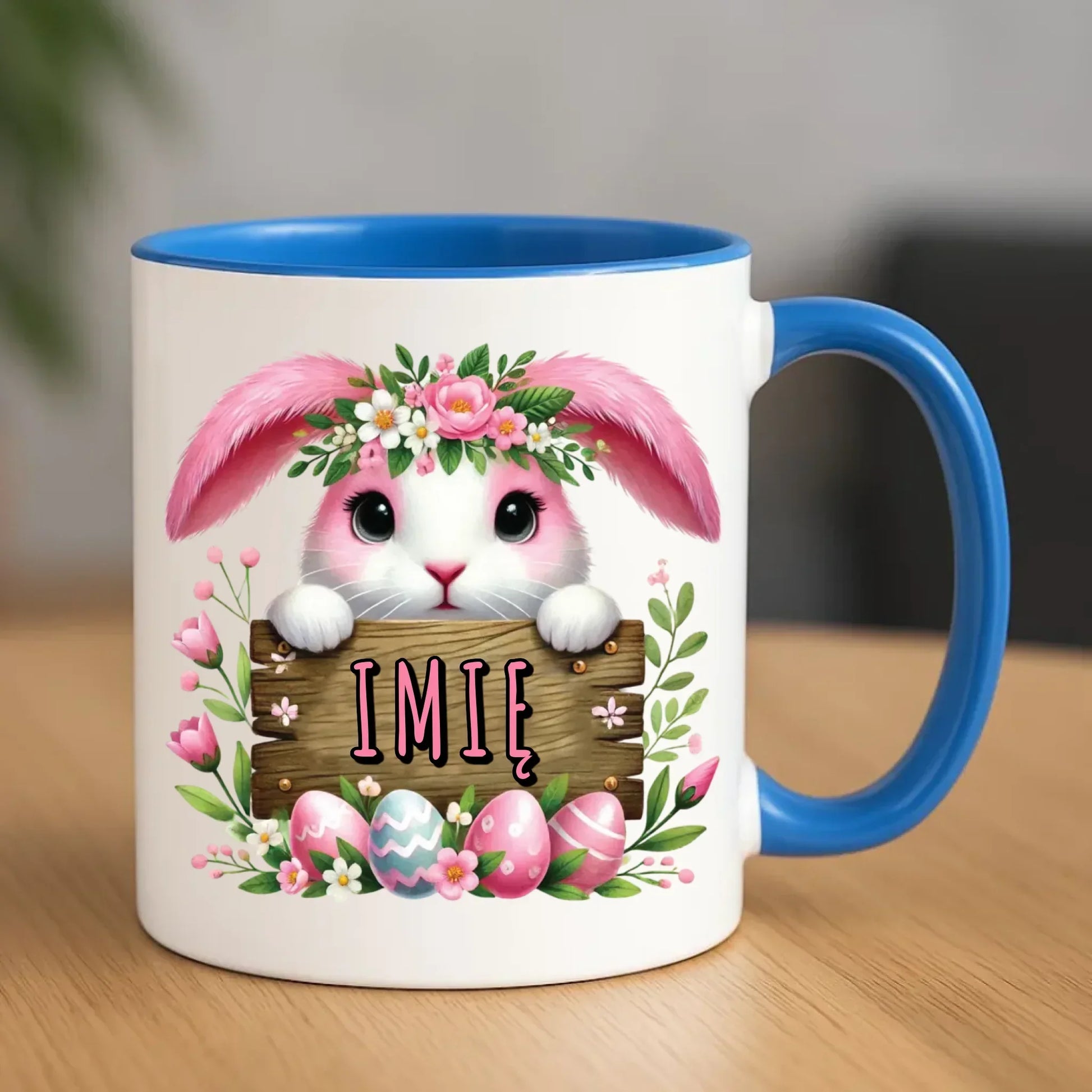 Różowy zając | Personalizowany kubek na Wielkanoc WN07 - StoryCups.pl