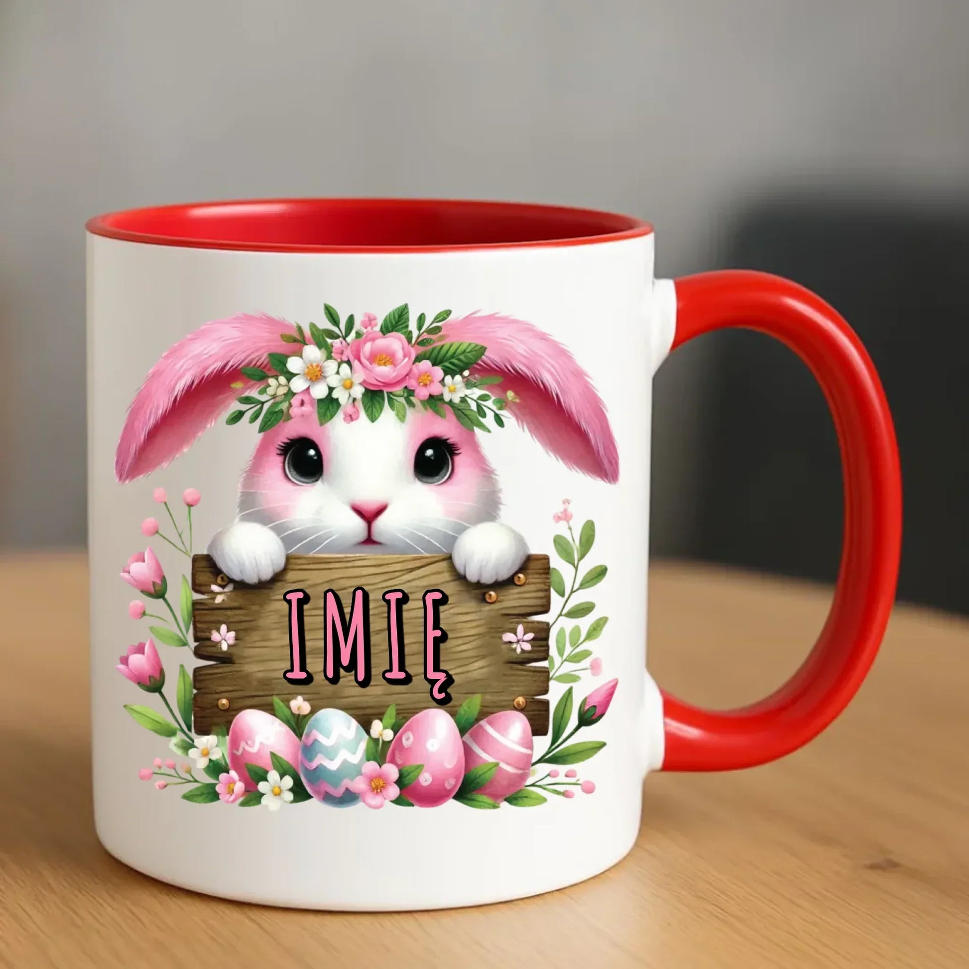 Różowy zając | Personalizowany kubek na Wielkanoc WN07 - StoryCups.pl