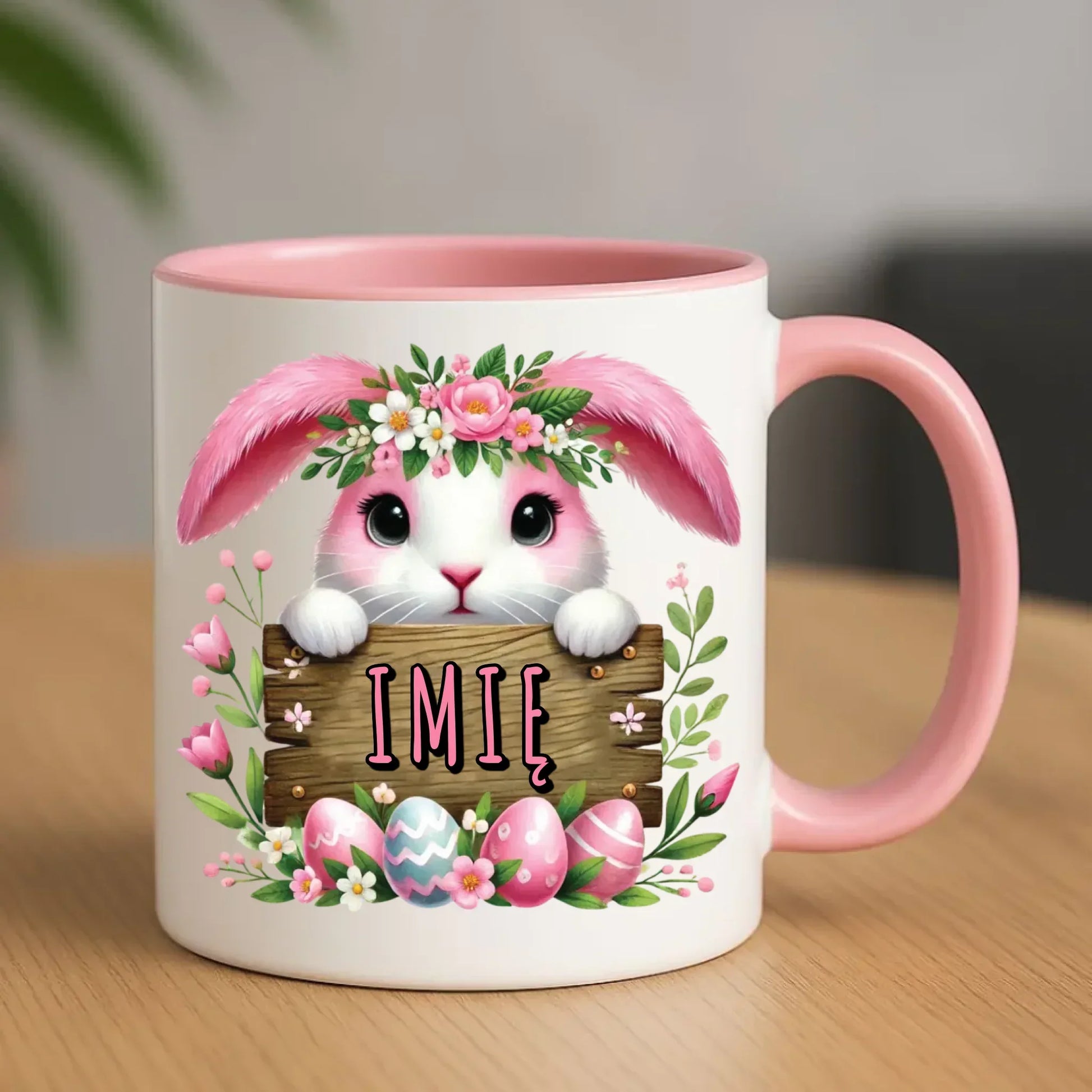 Różowy zając | Personalizowany kubek na Wielkanoc WN07 - StoryCups.pl