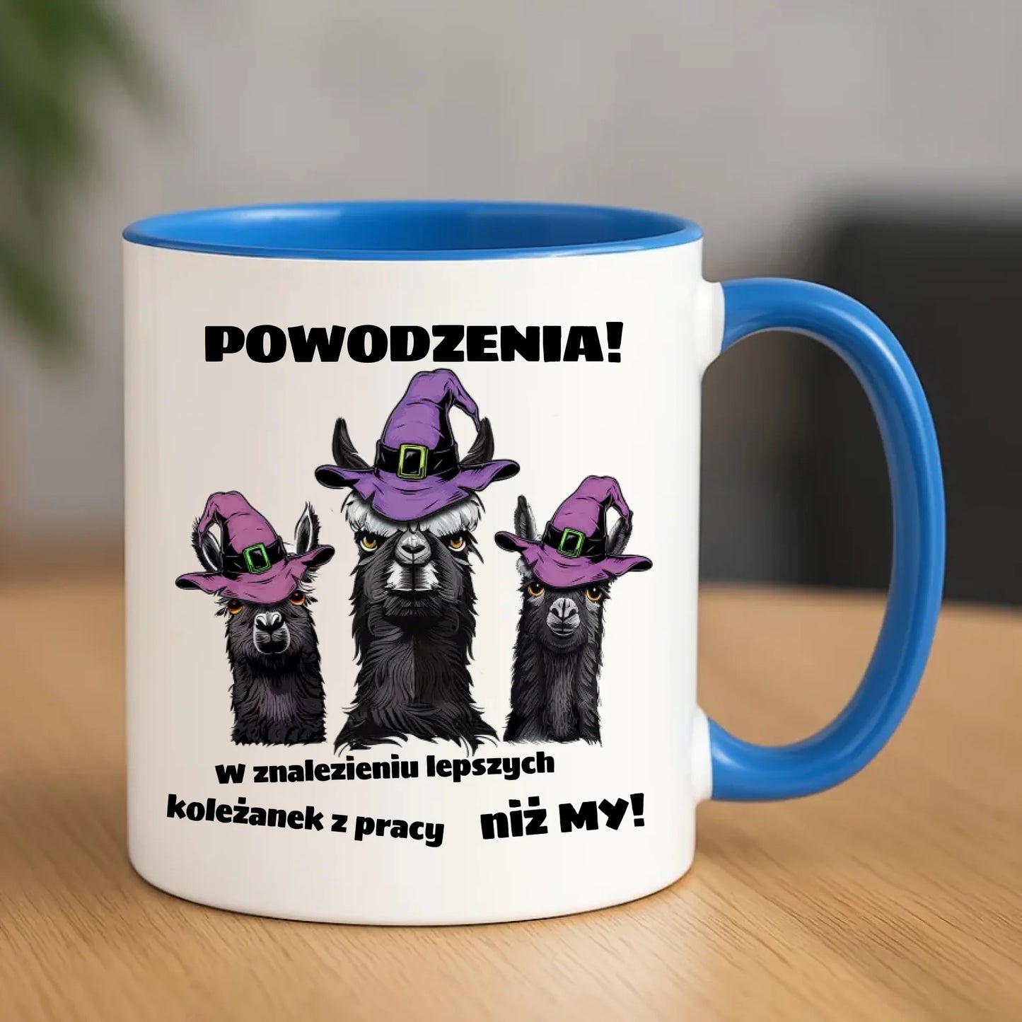 Niebieski kubek z nadrukiem prezent na odejście z pracy POŻEGNANIE AWANS