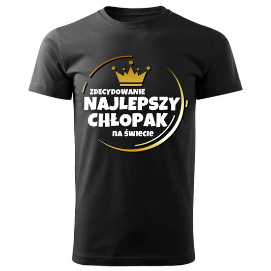 Prezent dla chłopaka czarna koszulka męska z nadrukiem DZIEŃ CHŁOPAKA CHŁOPAK