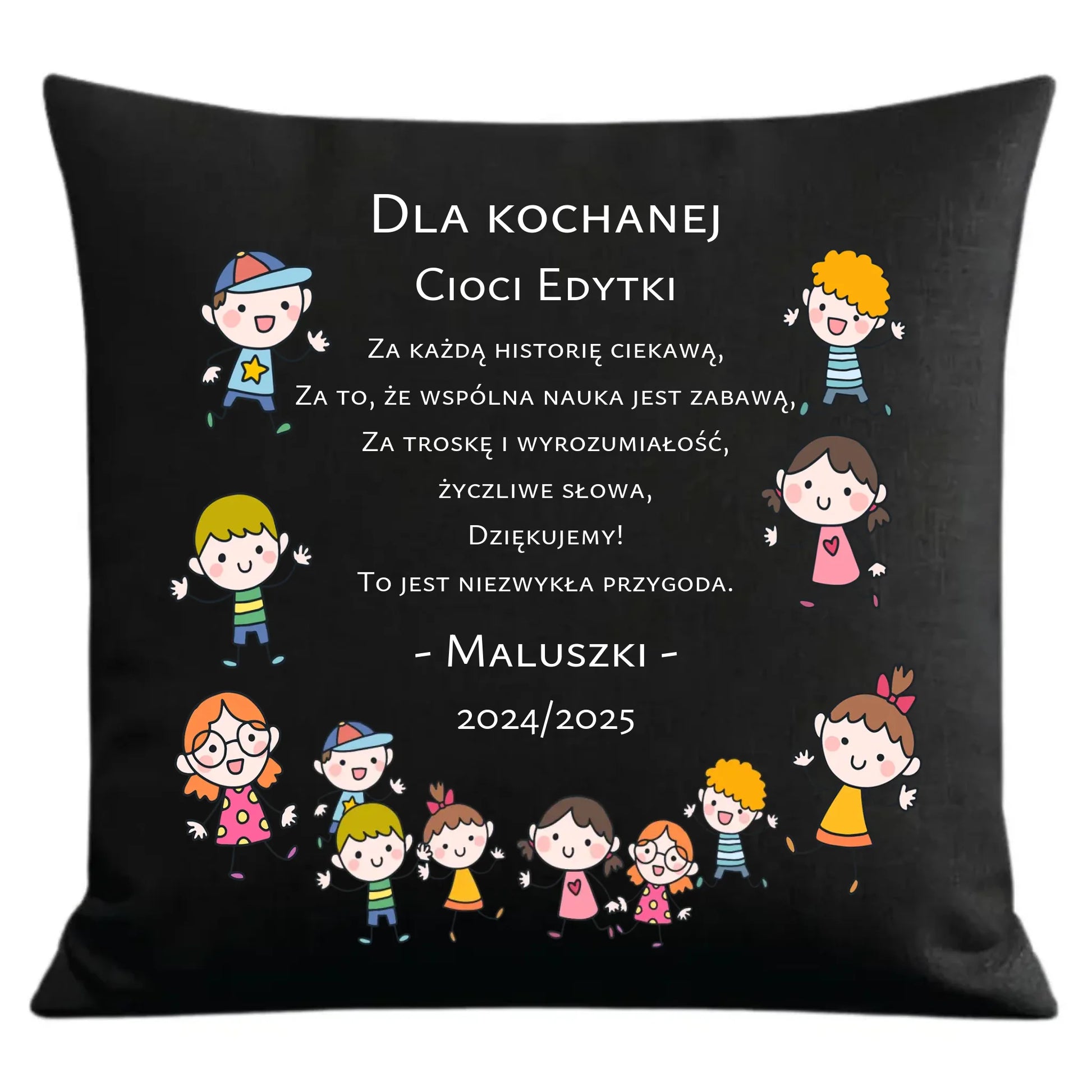 Prezent dla nauczyciela czarna poduszka dekoracyjna NAUCZYCIEL ZAKOŃCZENIE ROKU SZKOLNEGO
