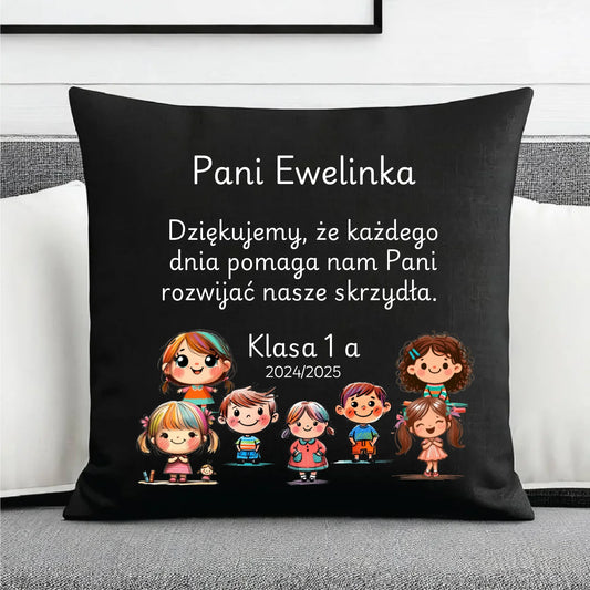 Prezent dla nauczyciela czarna poduszka dekoracyjna NAUCZYCIEL ZAKOŃCZENIE ROKU SZKOLNEGO