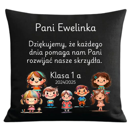 Prezent dla nauczyciela czarna poduszka dekoracyjna NAUCZYCIEL ZAKOŃCZENIE ROKU SZKOLNEGO