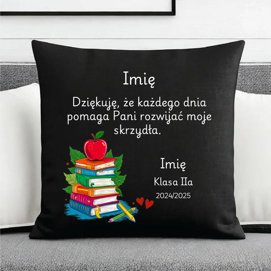 Prezent dla nauczyciela czarna poduszka dekoracyjna NAUCZYCIEL ZAKOŃCZENIE ROKU SZKOLNEGO