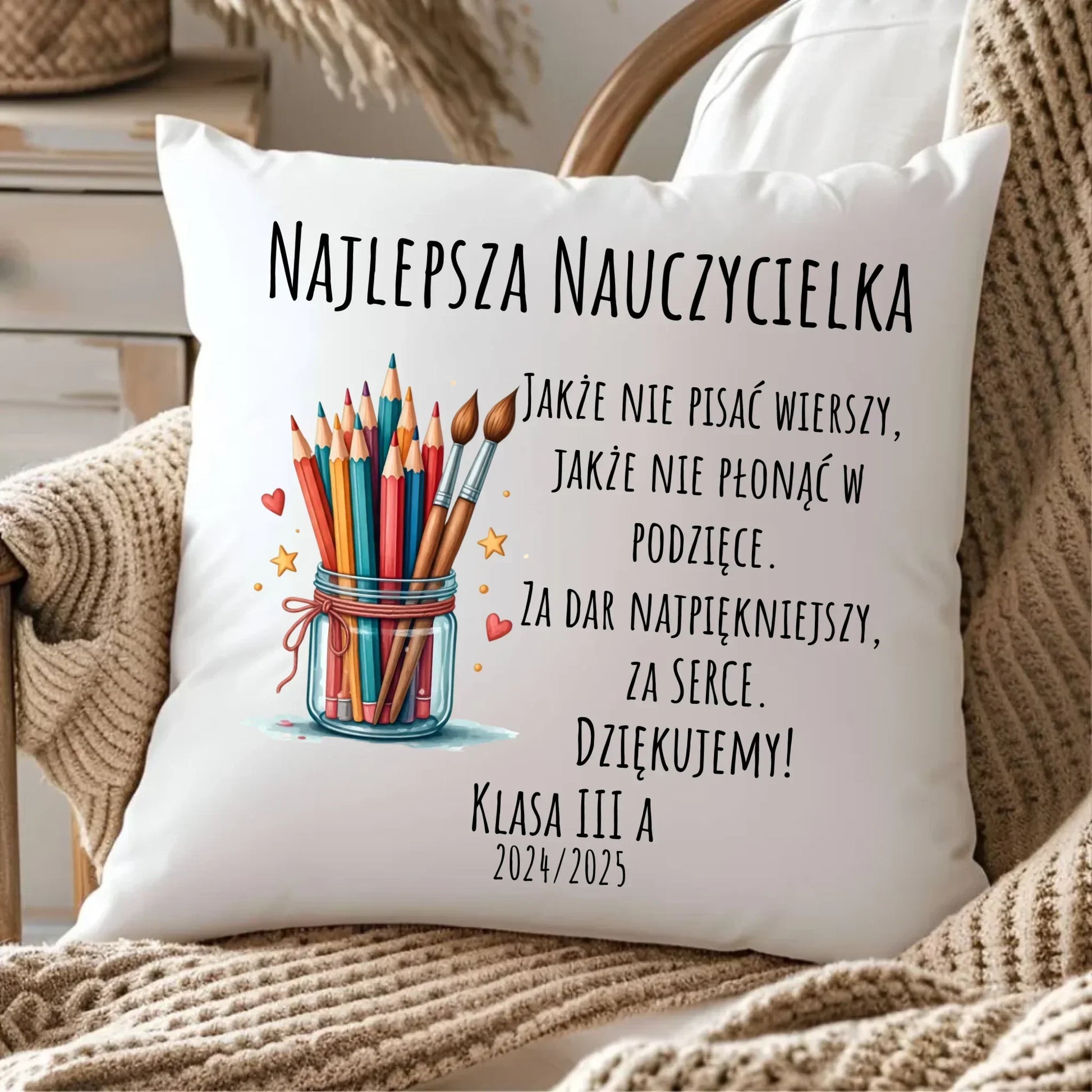 Za dar najpiękniejszy za serce | Poduszka dla najlepszej nauczycielki na prezent N20 - StoryCups.pl