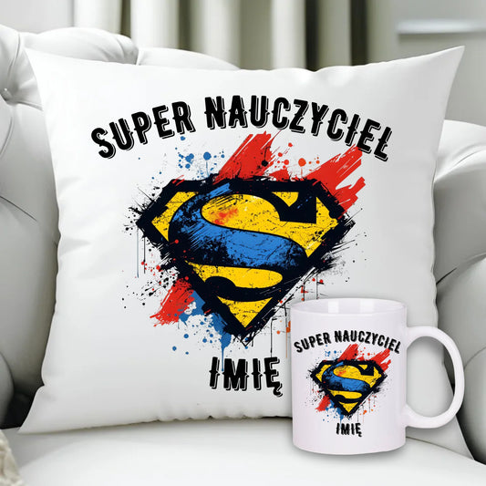 Super nauczyciel | Zestaw poduszka i kubek z imieniem na prezent N28