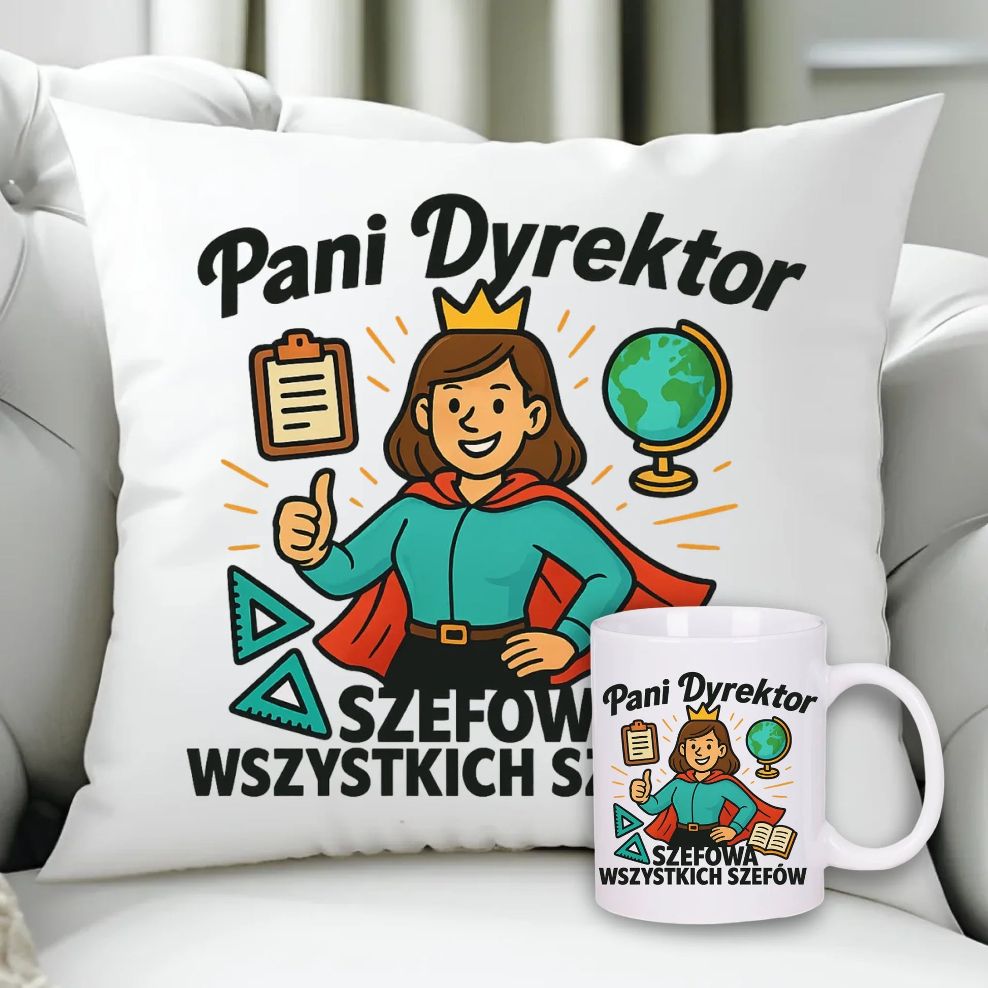 Szefowa wszystkich szefów | Zestaw poduszka i kubek dla Pani Dyrektor Szkoły N29