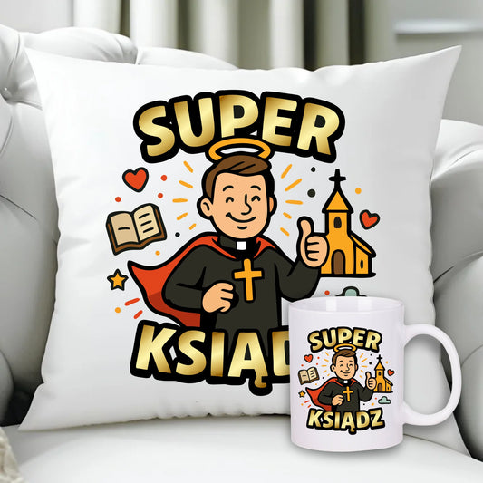Super ksiądz | Zestaw poduszka i kubek prezent dla księdza N37