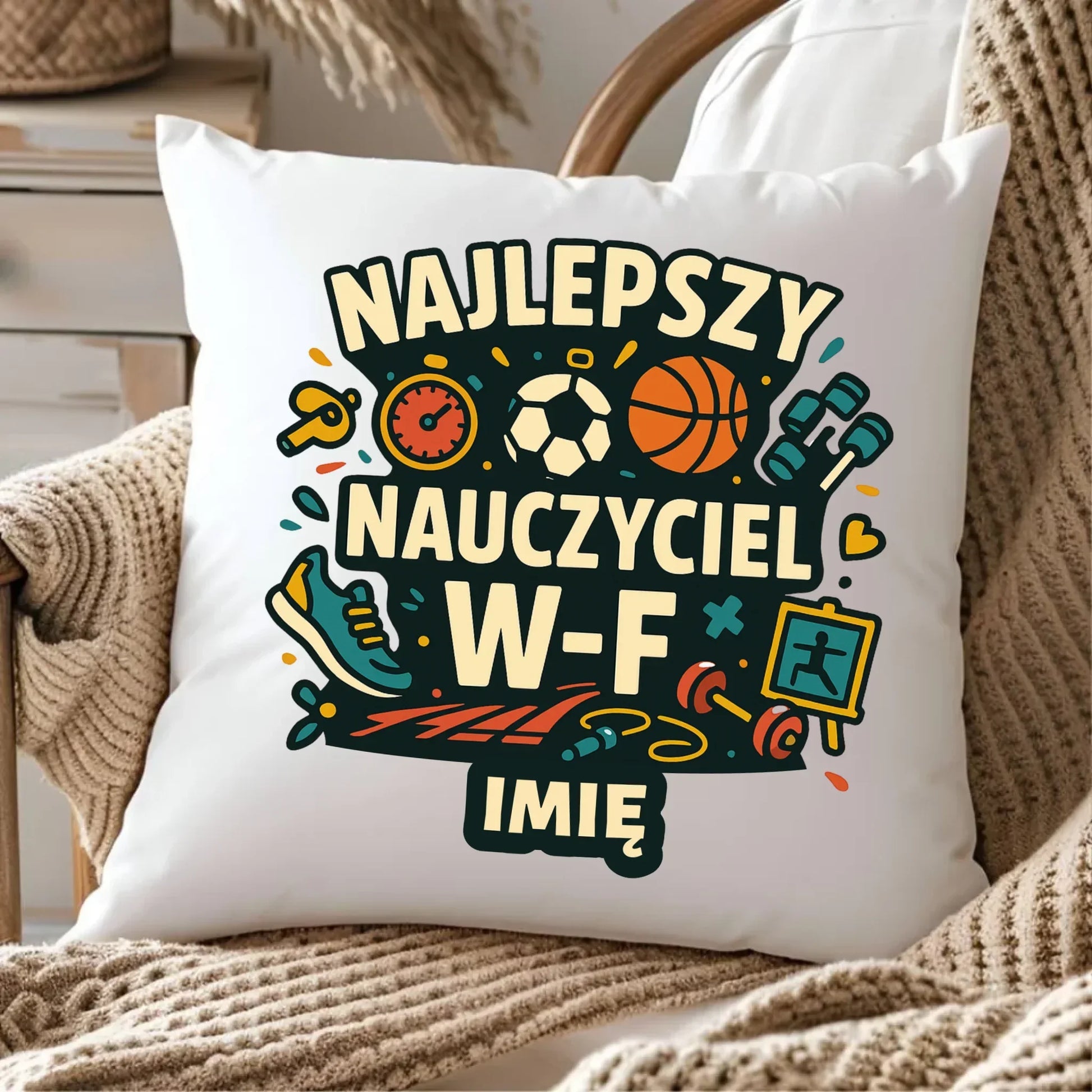 Najlepszy nauczyciel W-F | Poduszka prezent dla nauczyciela wychowania fizycznego N50 - StoryCups.pl