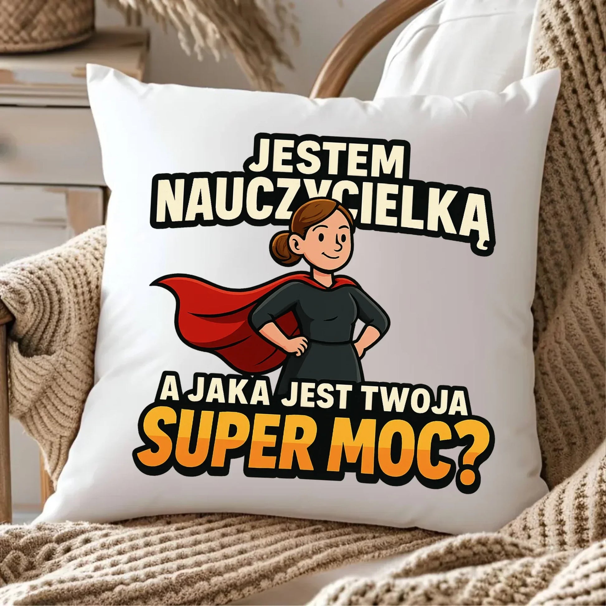 Jestem nauczycielką, a jak jest Twoja super moc? | Poduszka prezent dla nauczycielki N26 - StoryCups.pl