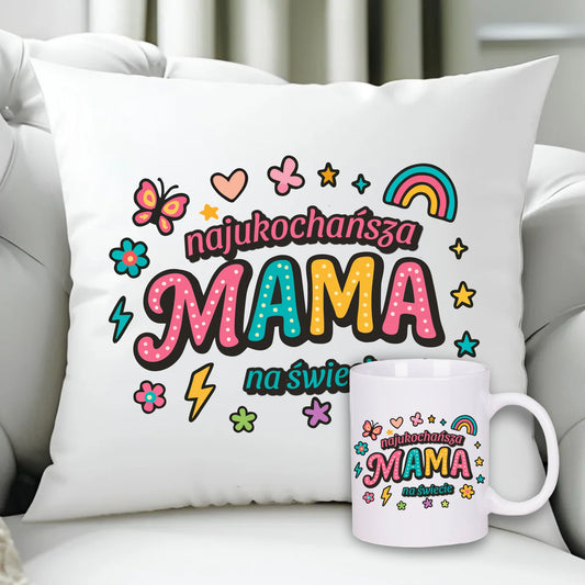 Najukochańsza mama na świecie | Zestaw poduszka i kubek dla mamy na prezent DM03