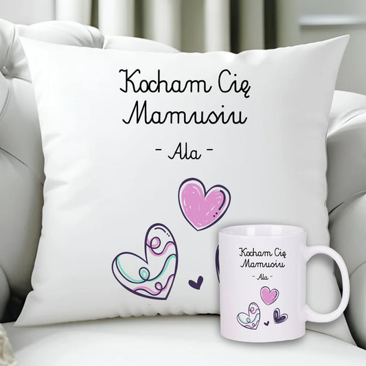 Kocham Cię Mamusiu personalizacja | Zestaw poduszka i kubek prezent dla mamy DM05