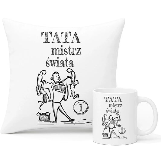 Tata Mistrz Świata | Zestaw poduszka i kubek dla taty DT36 - StoryCups.pl