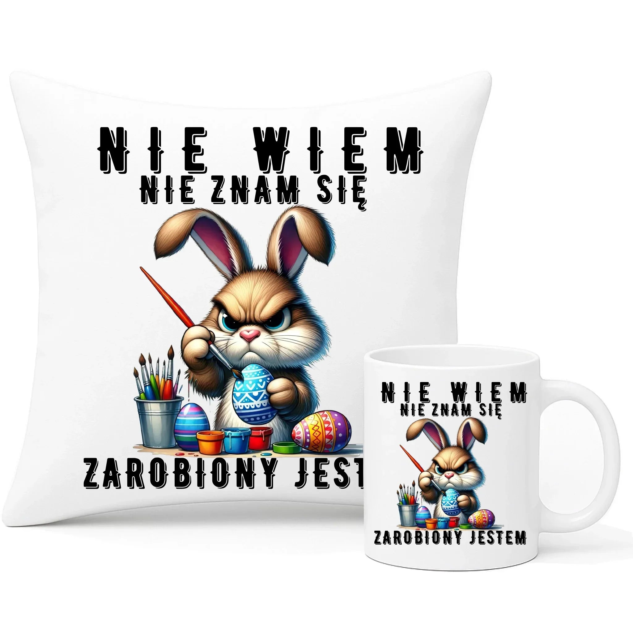 Nie wiem nie znam się zarobiony jestem | Zestaw poduszka i kubek Wielkanocny WN25 - StoryCups.pl