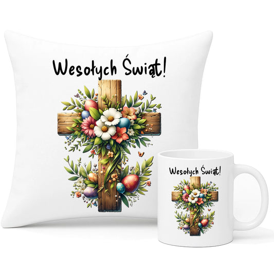 Zestaw na Wielkanoc poduszka i kubek WIELKANOCNY