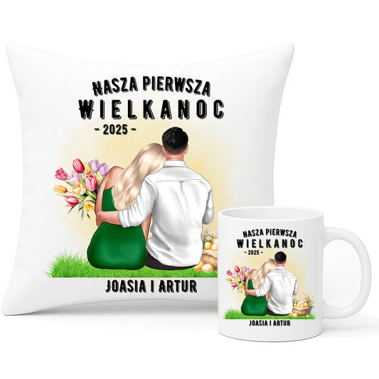 Zestaw na Wielkanoc poduszka i kubek WIELKANOCNY