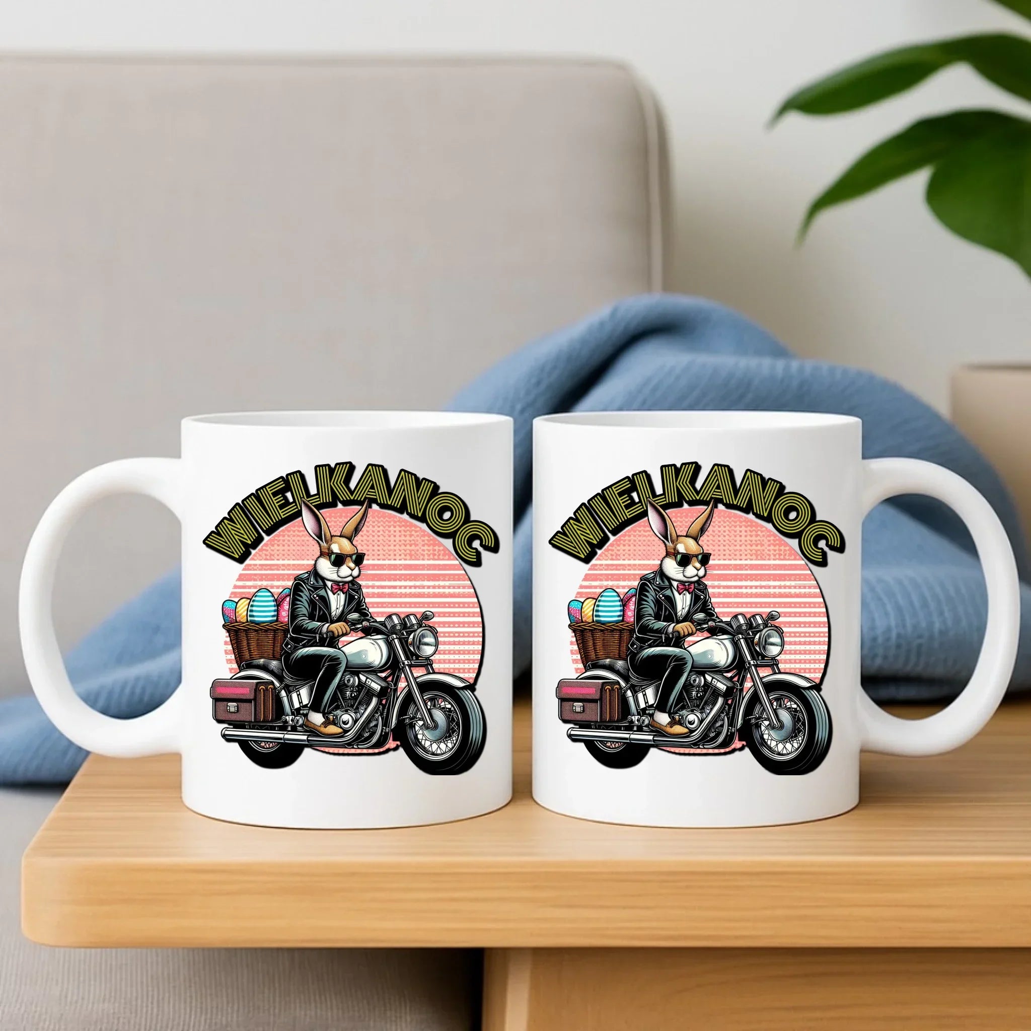 Zając na motorze | Zestaw poduszka i kubek Wielkanocny WN29 - StoryCups.pl