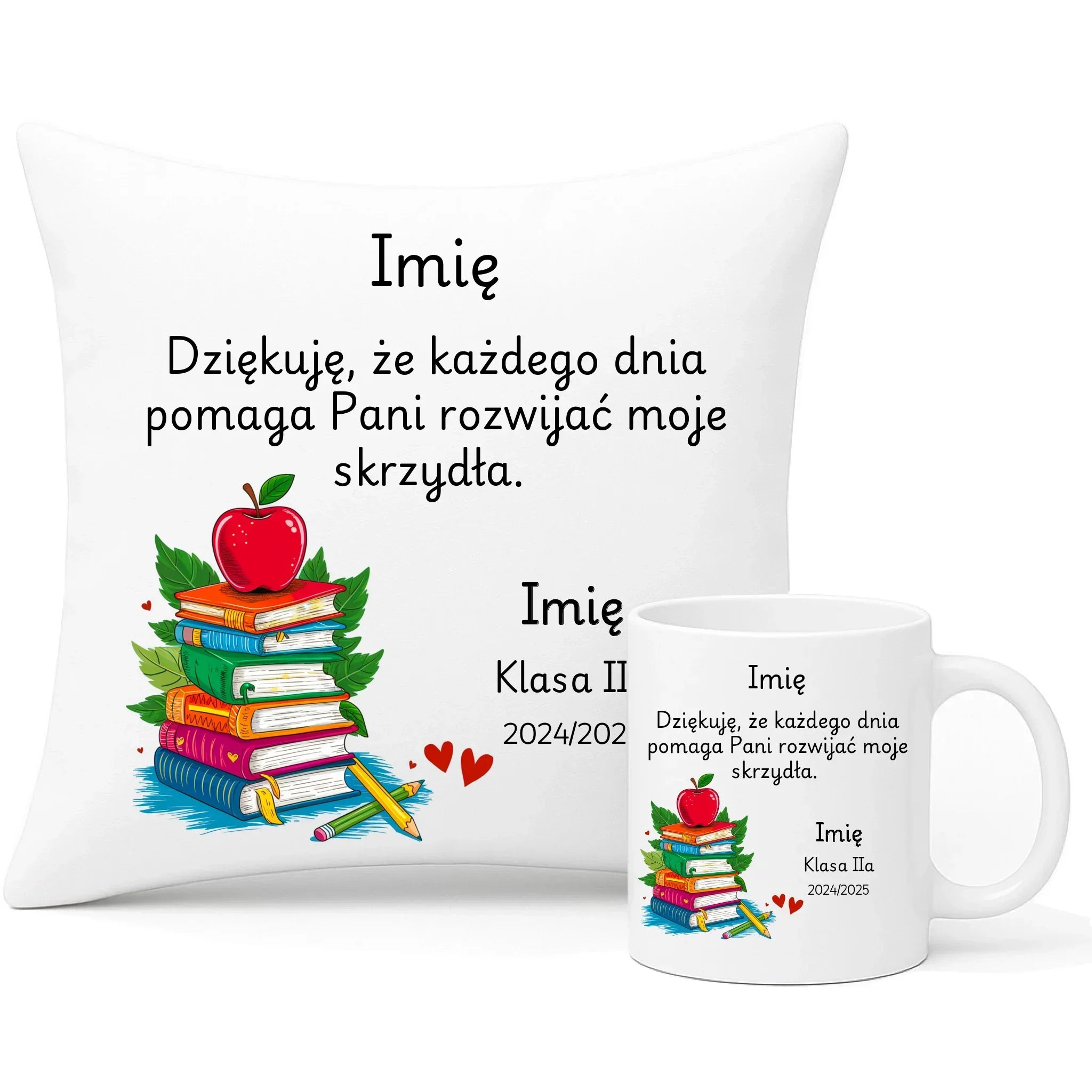 Podziękowanie dla nauczycielki | Zestaw poduszka i kubek prezent na Zakończenie Roku Szkolnego N10 - StoryCups.pl