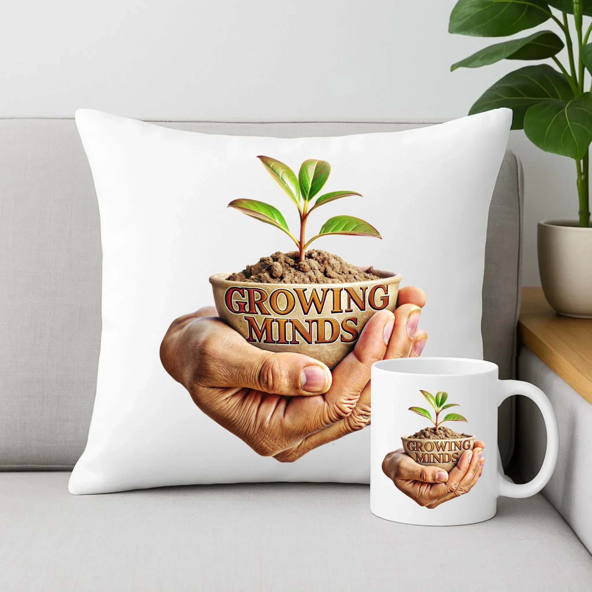 Growing minds | Zestaw poduszka i kubek dla nauczyciela N15 - StoryCups.pl