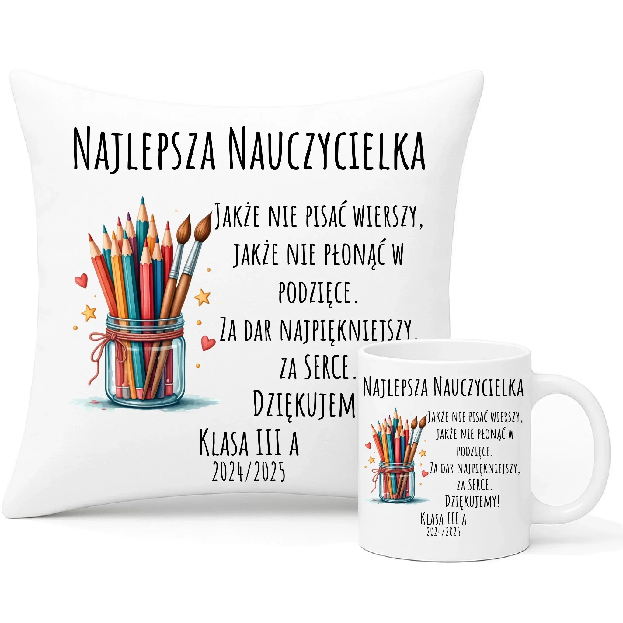 Za dar najpiękniejszy za serce | Zestaw poduszka i kubek dla najlepszej nauczycielki na prezent N20 - StoryCups.pl