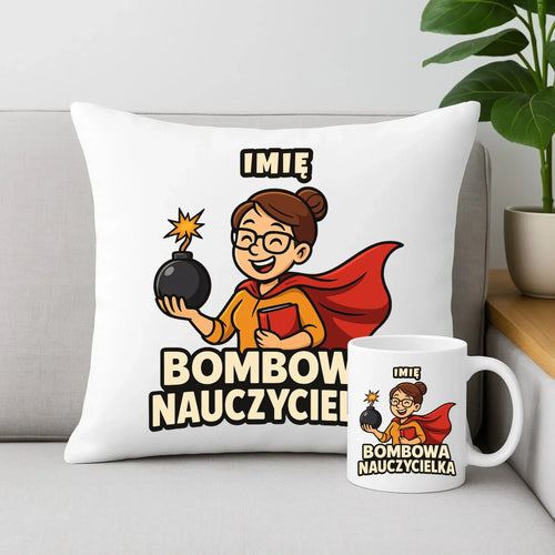 Bombowa nauczycielka | Zestaw poduszka i kubek z imieniem na prezent N25 - StoryCups.pl