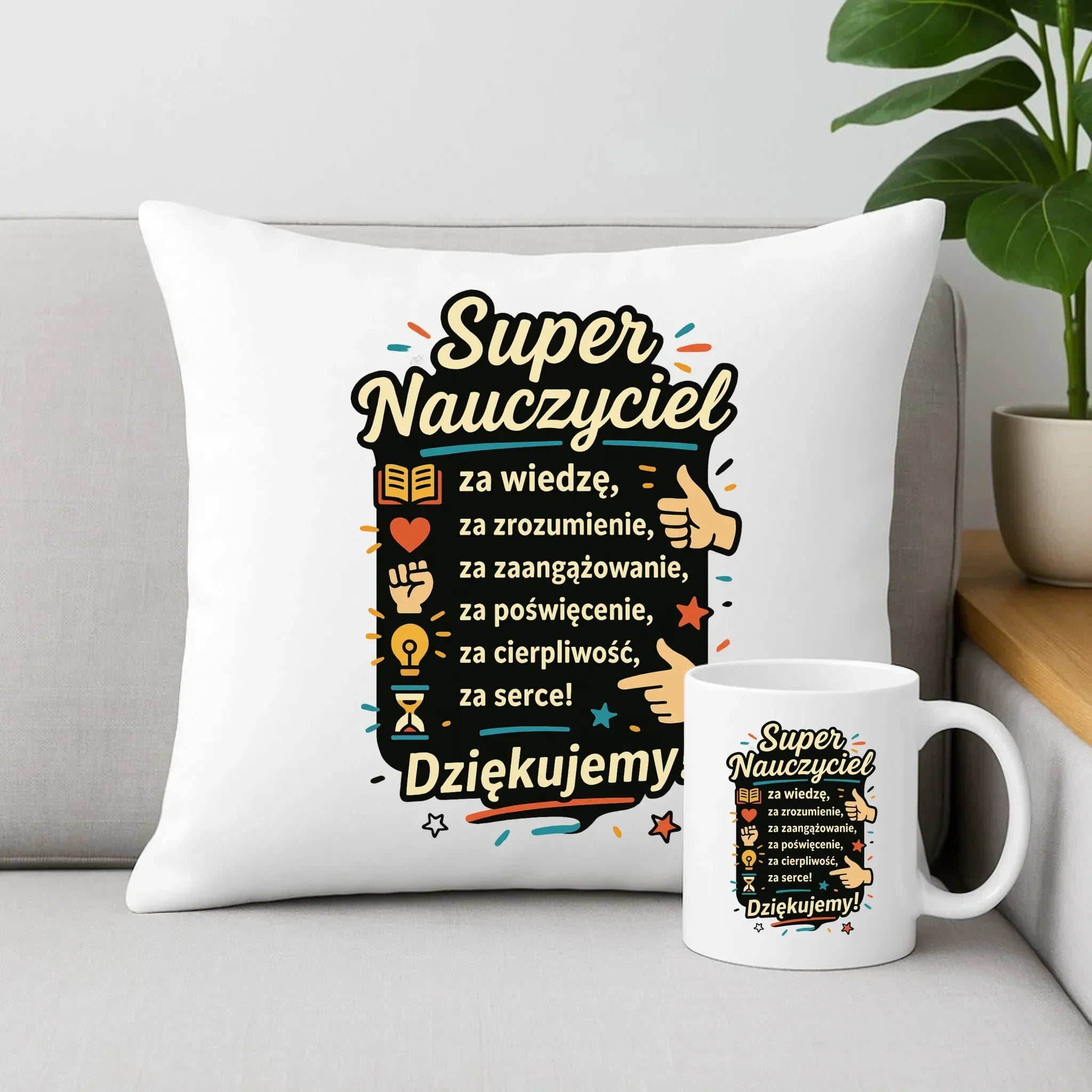 Super Nauczyciel Podziękowanie | Zestaw poduszka i kubek prezent na Zakończenie Roku Szkolnego N32 - StoryCups.pl