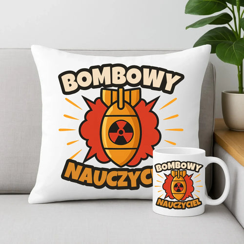 Bombowy nauczyciel | Zestaw poduszka i kubek prezent dla nauczyciela N36 - StoryCups.pl