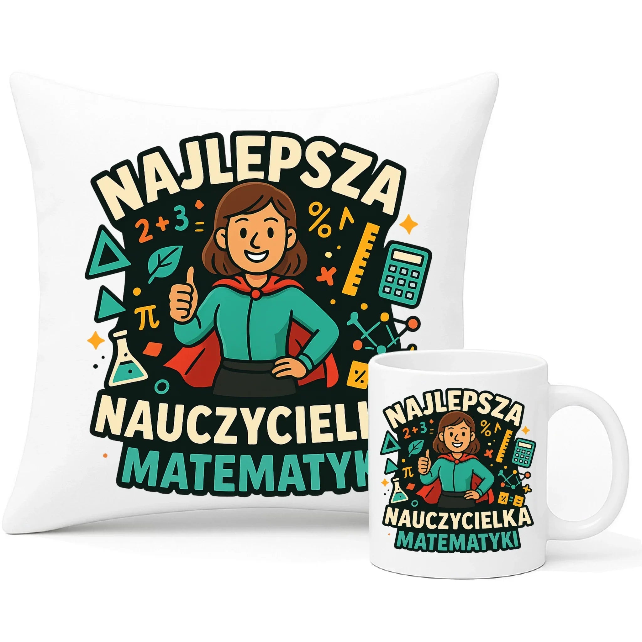 Najlepsza nauczycielka matematyki | Zestaw poduszka i kubek prezent nauczyciel N46 - StoryCups.pl